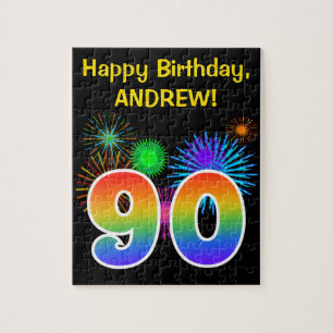 Fun Fireworks + Rainbow Pattern "90" Birthday # Jigsaw Puzzle