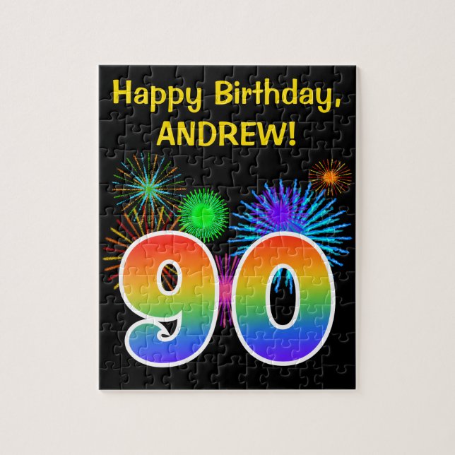 Fun Fireworks + Rainbow Pattern "90" Birthday # Jigsaw Puzzle (Vertical)