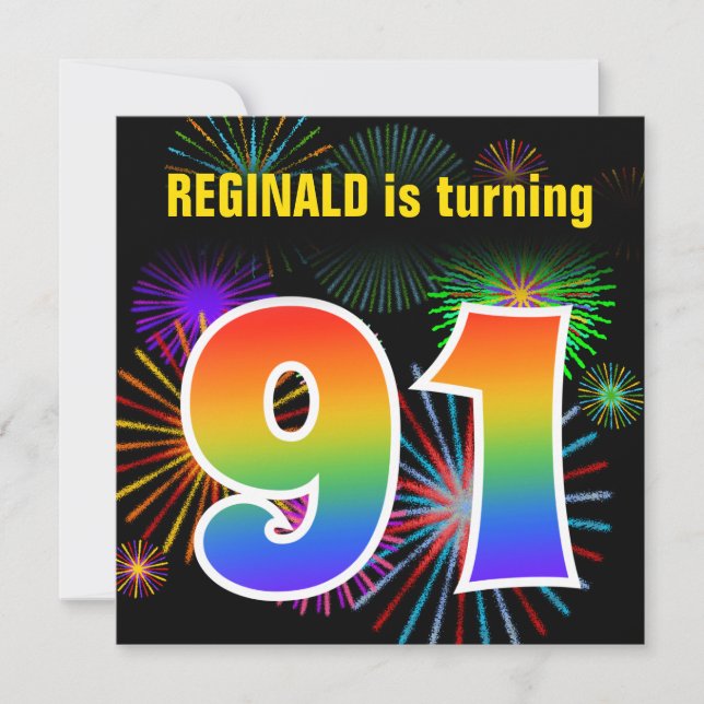 Fun Fireworks + Rainbow Pattern "91" Birthday # Invitation (Front)