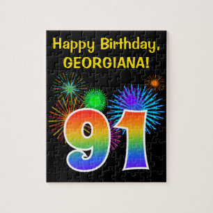 Fun Fireworks + Rainbow Pattern "91" Birthday # Jigsaw Puzzle
