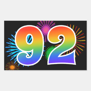Fun Fireworks + Rainbow Pattern "92" Event Number Rectangular Sticker
