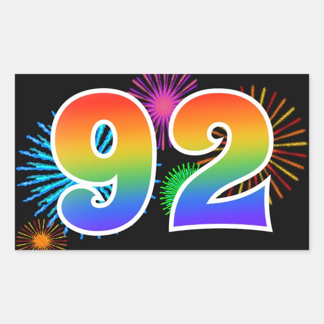 Fun Fireworks + Rainbow Pattern "92" Event Number Rectangular Sticker (Front)