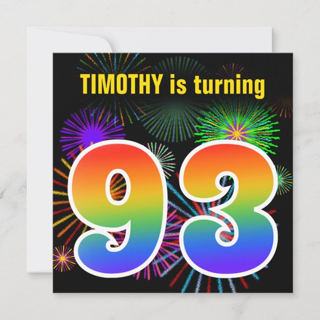 Fun Fireworks + Rainbow Pattern "93" Birthday # Invitation (Front)