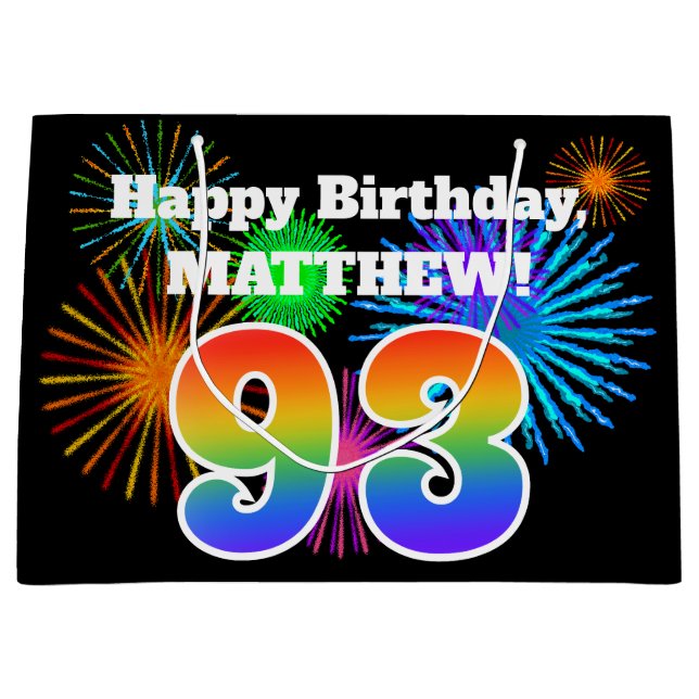 Fun Fireworks + Rainbow Pattern "93" Birthday # Large Gift Bag (Front)