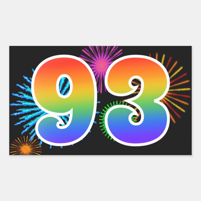 Fun Fireworks + Rainbow Pattern "93" Event Number Rectangular Sticker (Front)