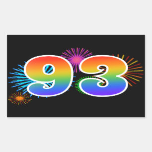 Fun Fireworks + Rainbow Pattern "93" Event Number Rectangular Sticker