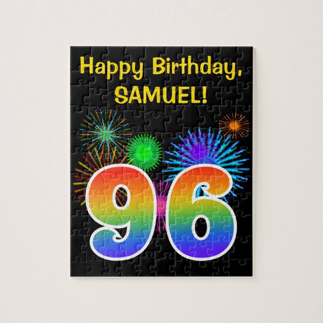 Fun Fireworks + Rainbow Pattern "96" Birthday # Jigsaw Puzzle (Vertical)