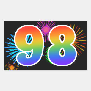 Fun Fireworks + Rainbow Pattern "98" Event Number Rectangular Sticker
