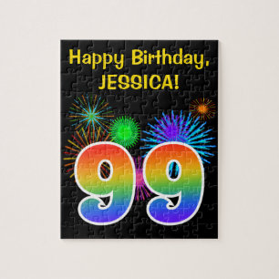 Fun Fireworks + Rainbow Pattern "99" Birthday # Jigsaw Puzzle