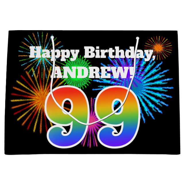 Fun Fireworks + Rainbow Pattern "99" Birthday # Large Gift Bag