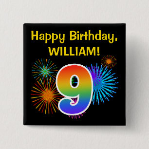 Fun Fireworks + Rainbow Pattern "9" Birthday # 15 Cm Square Badge