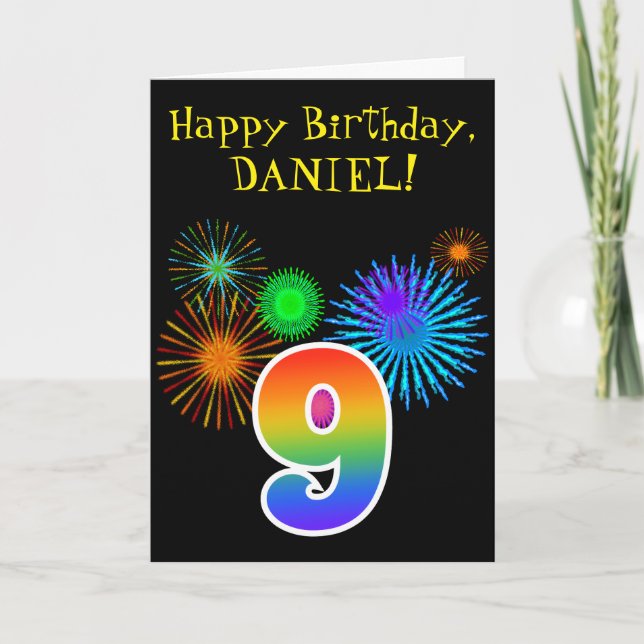 Fun Fireworks + Rainbow Pattern "9" Birthday # Card (Front)