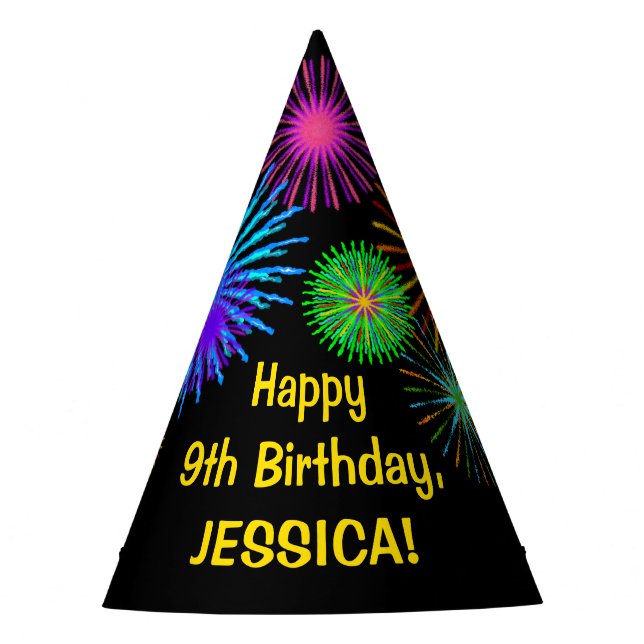 Fun Fireworks + Rainbow Pattern "9" Birthday # Party Hat (Front)