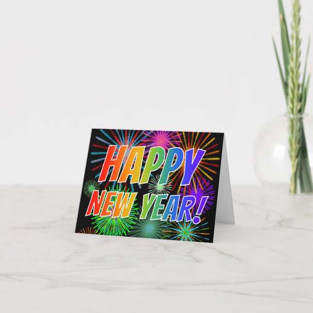 Fun Fireworks + Rainbow Spectrum "HAPPY NEW YEAR!" Card (Front)