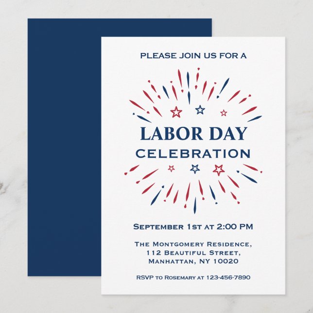 Fun Fireworks Red White Blue Labour Day Celebratio Invitation (Front/Back)