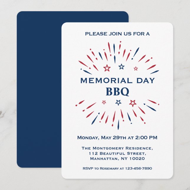 Fun Fireworks Red White Blue Memorial Day BBQ Invitation (Front/Back)