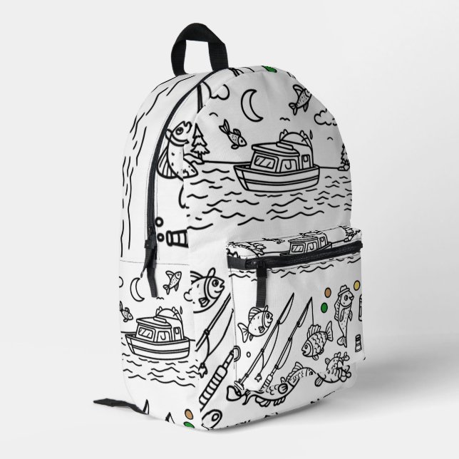 Fun Fishing Adventure Doodle Art Printed Backpack (Back Corner Left)