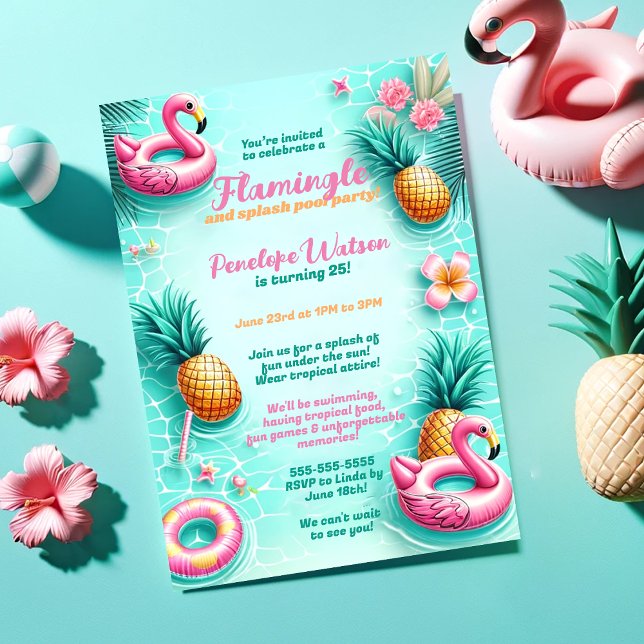 Fun Flamingo and Pineapple Summer Pool Party Invitation (Creator Uploaded)