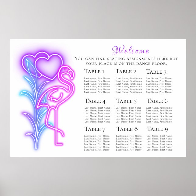 Fun Flamingo & Hearts Seating Chart 36"x24" (Front)
