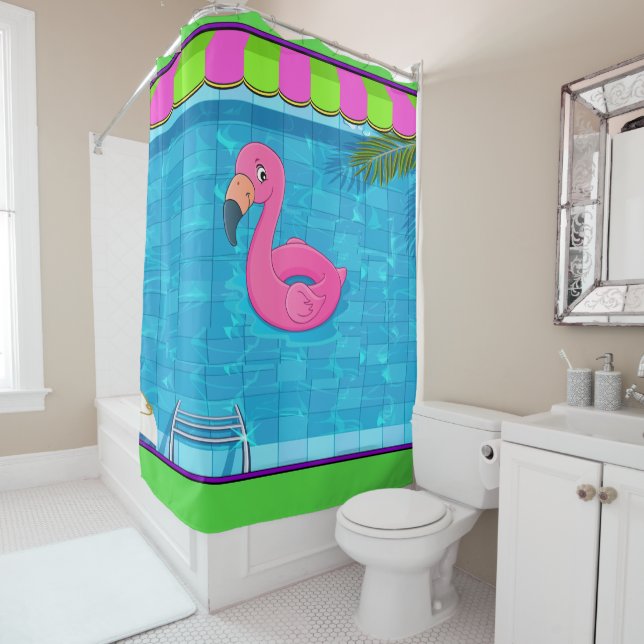 Fun Flamingo in Pool Shower Curtain (In Situ)