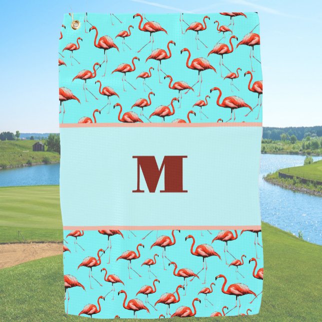 Fun Flamingo pink and aqua custom monogram ladies Golf Towel (Creator Uploaded)