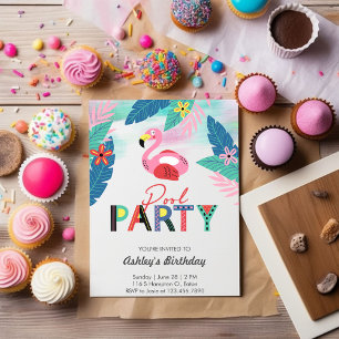 Fun Flamingo Pool Party Birthday Invitation 