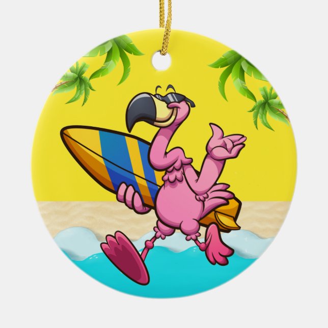 Fun Flamingo Surfer Ceramic Ornament (Front)