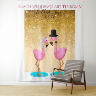 Fun flamingo wedding photo backdrop tapestry