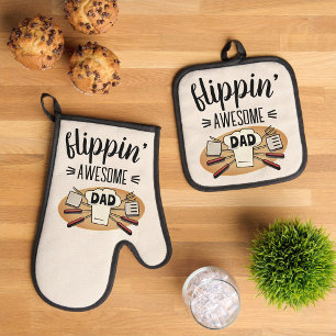 Fun Flipping Awesome Dad BBQ Oven Mitt & Pot Holder Set