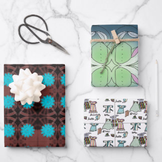 fun floral and clothes, bright blue and brown wrapping paper sheet