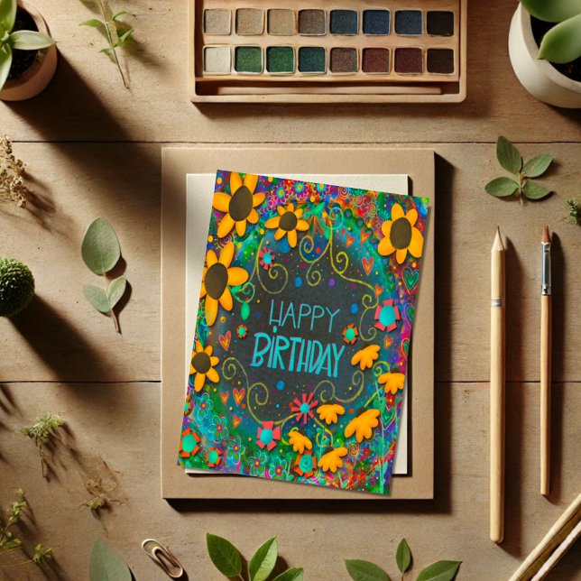 Fun Floral Daisies Trendy Birthday, Colourful Card (Creator Uploaded)