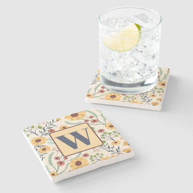 Fun Floral Daisy Pattern Custom Initial  Stone Coaster (Side)