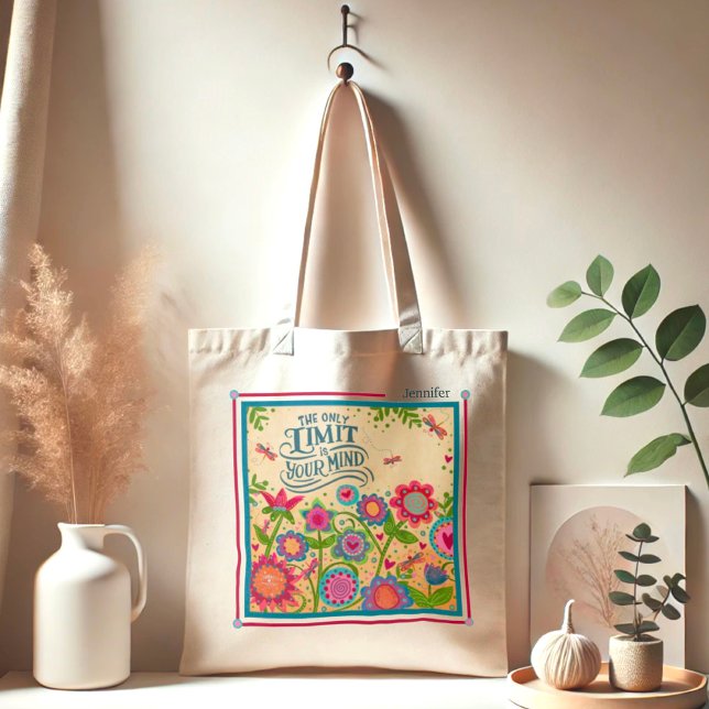 Fun Floral Dragonfly Custom Name Quote Inspirivity Tote Bag (Creator Uploaded)