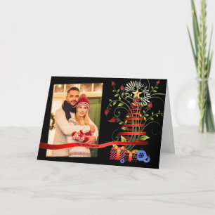 Fun Floral Modern Art Christmas Tree Photo Holiday Card