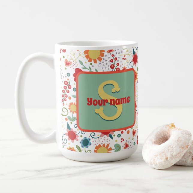 Fun Floral Monogram Name Inspirivity Coffee Mug (With Donut)