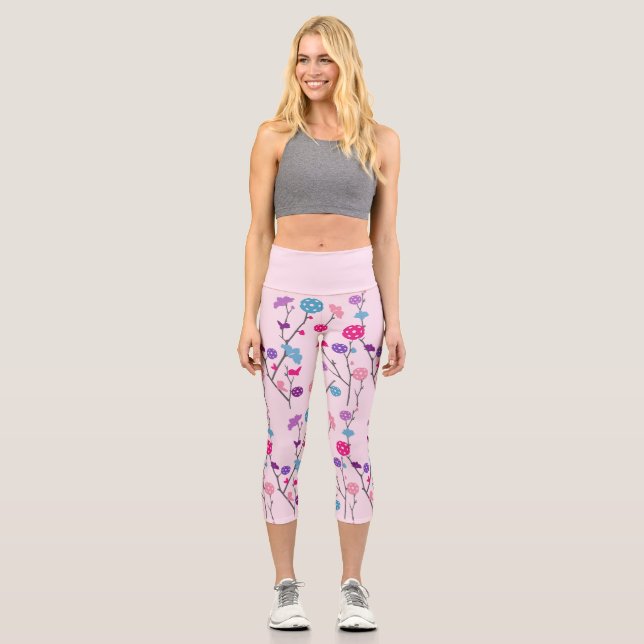 Fun Floral Pickle Ball Pattern Capri Leggings (Front)