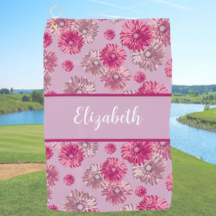 Fun floral pink personalised name gift for golfer golf towel