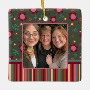 Fun Floral Stripe Custom Photo Two Sided Ceramic Ornament