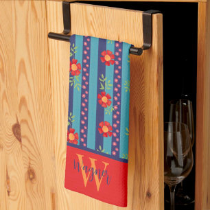 Fun Floral Stripe Stylish Custom Initial Last Name Tea Towel