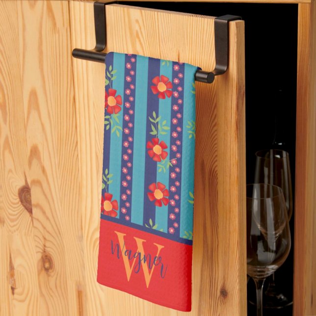 Fun Floral Stripe Stylish Custom Initial Last Name Tea Towel (Creator Uploaded)