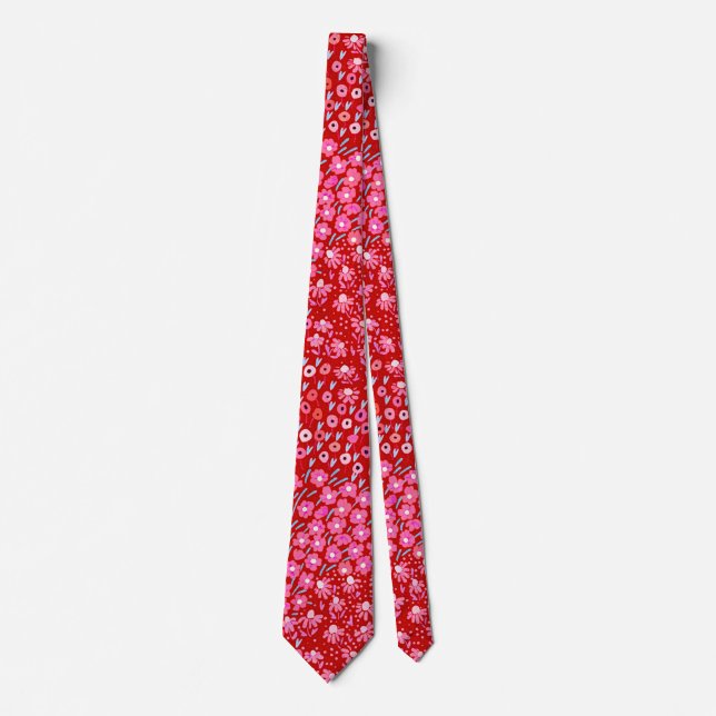 Fun Floral Tie Red Pink Bright Wildflowers (Front)