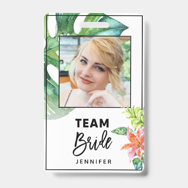 Fun Floral Tropical Team Bride Bachelorette Party ID Badge (Front)