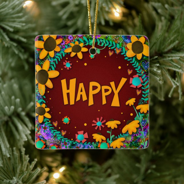 Fun Floral Yellow Daisy Happy Inspirivity   Ceramic Ornament (Tree)