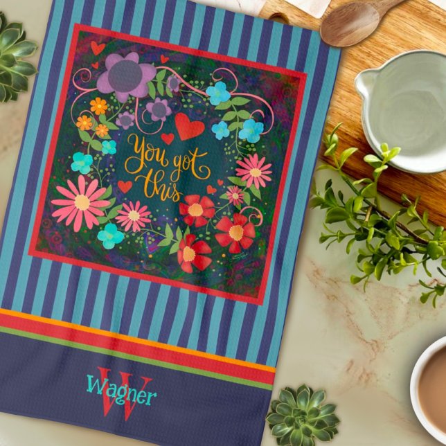 Fun Floral You Got This Quote Initial Name Tea Towel (Creator Uploaded)