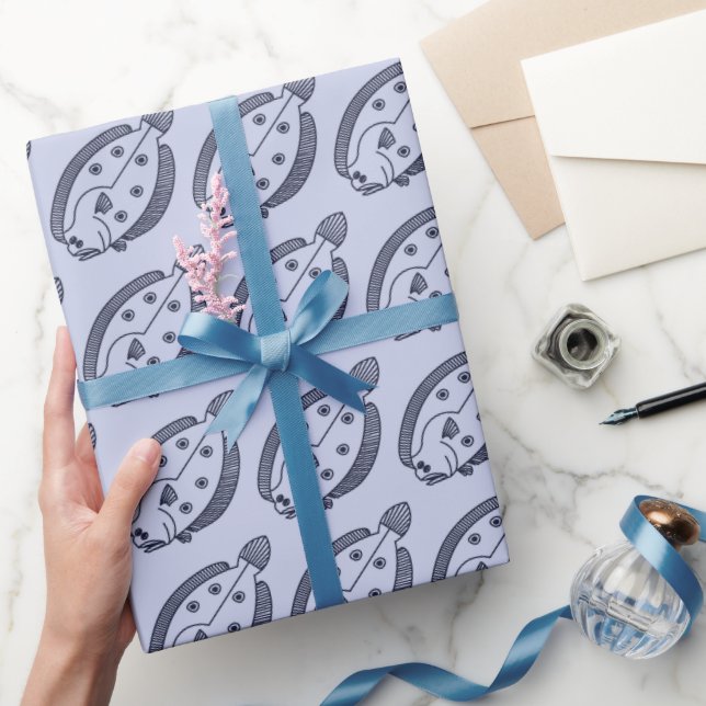Fun Flounder Fish in Deepest Blue on Light Purple Wrapping Paper (Gifting)