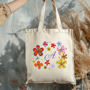 Fun Flowers Illustrated Monogram Initial Tote Bag