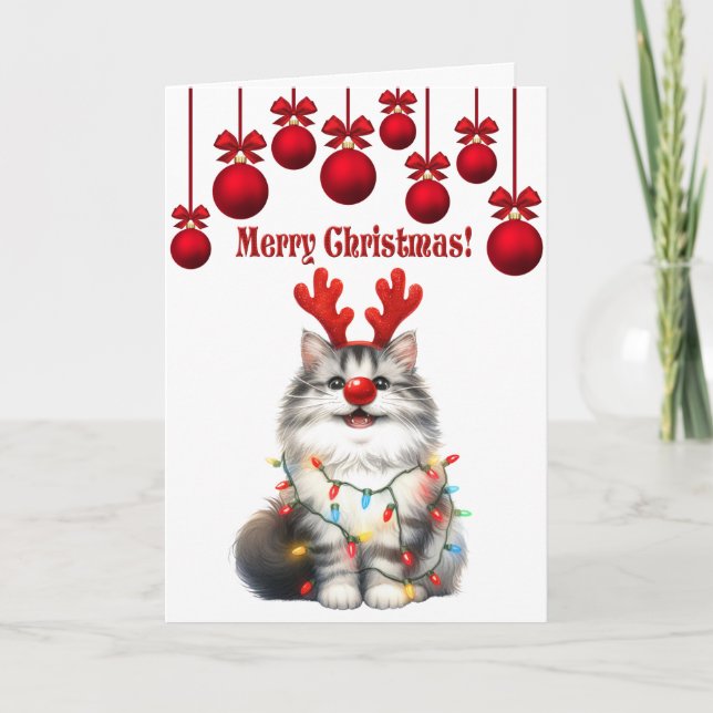 Fun Fluffy Funny Cat Christmas  Card (Front)