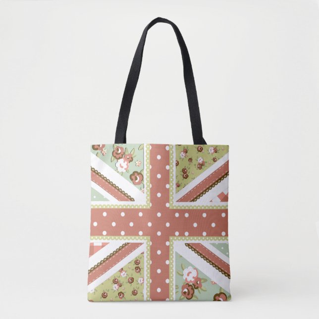 Fun Folk Quilt British Union Jack Flowers browns Tote Bag (Front)