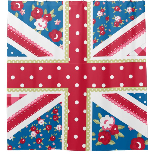 Fun Folk Quilt British Union Jack Flowers Shower Curtain (Front)