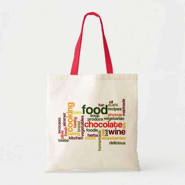 Fun Food Grocery Bag Word Cloud with Red Handles (Front)